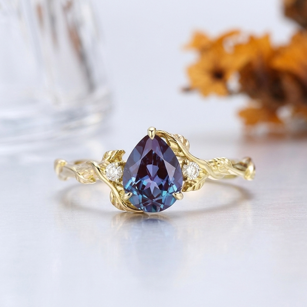1.5CT Pear Cut Alexandrite Fern Vine Engagement Ring, 14K Gold