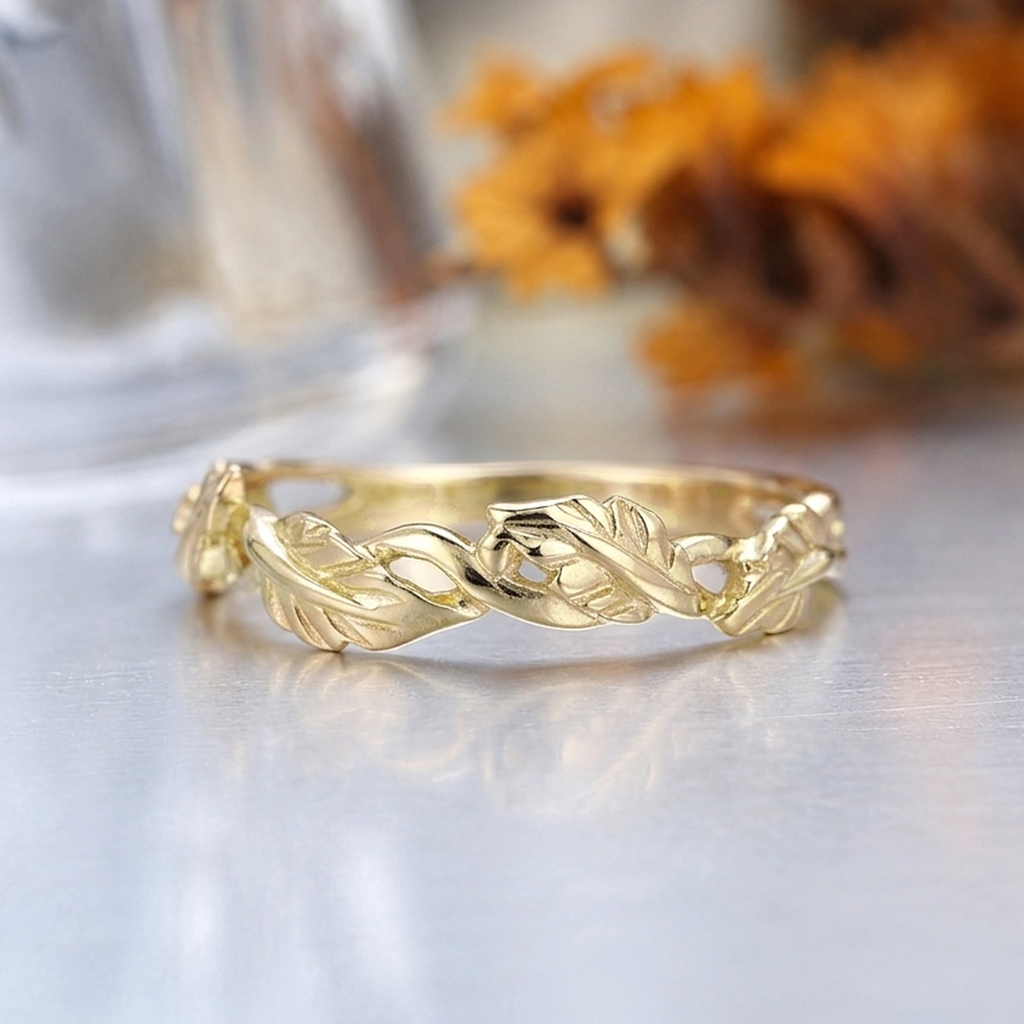 Sculpted Laurel Leaf Wedding Band, 14K Gold