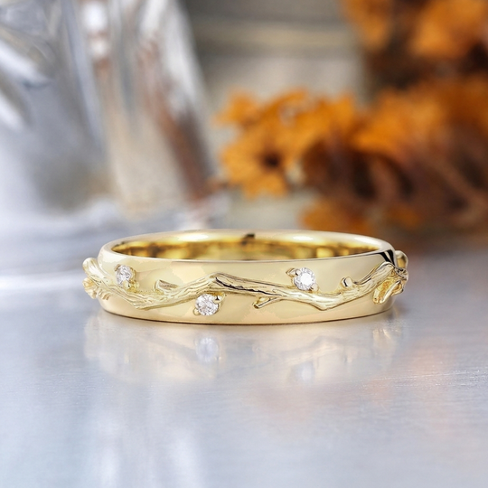 Fern Twig Simulated Diamond Wedding Band, 14K Gold