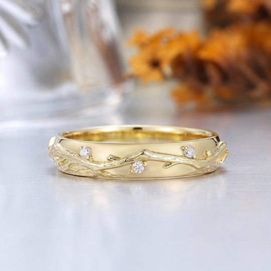 Fern Twig Simulated Diamond Wedding Band, 14K Gold