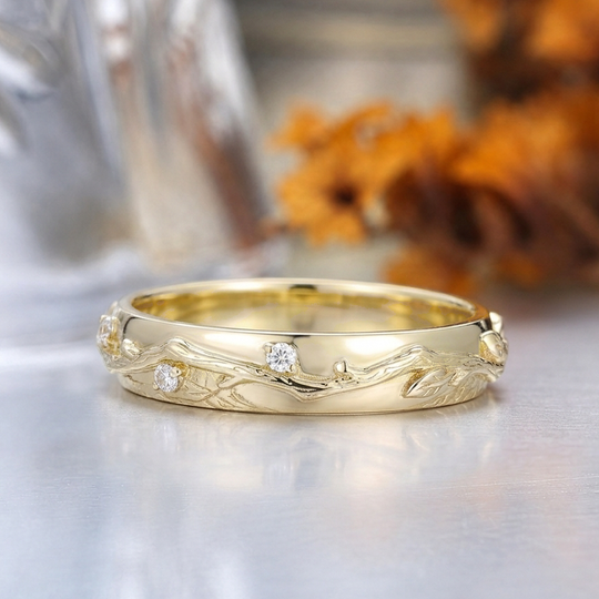 Fern Twig Simulated Diamond Wedding Band, 14K Gold