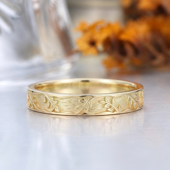 Fern Root Vine Engraved Wedding Band, 14K Gold