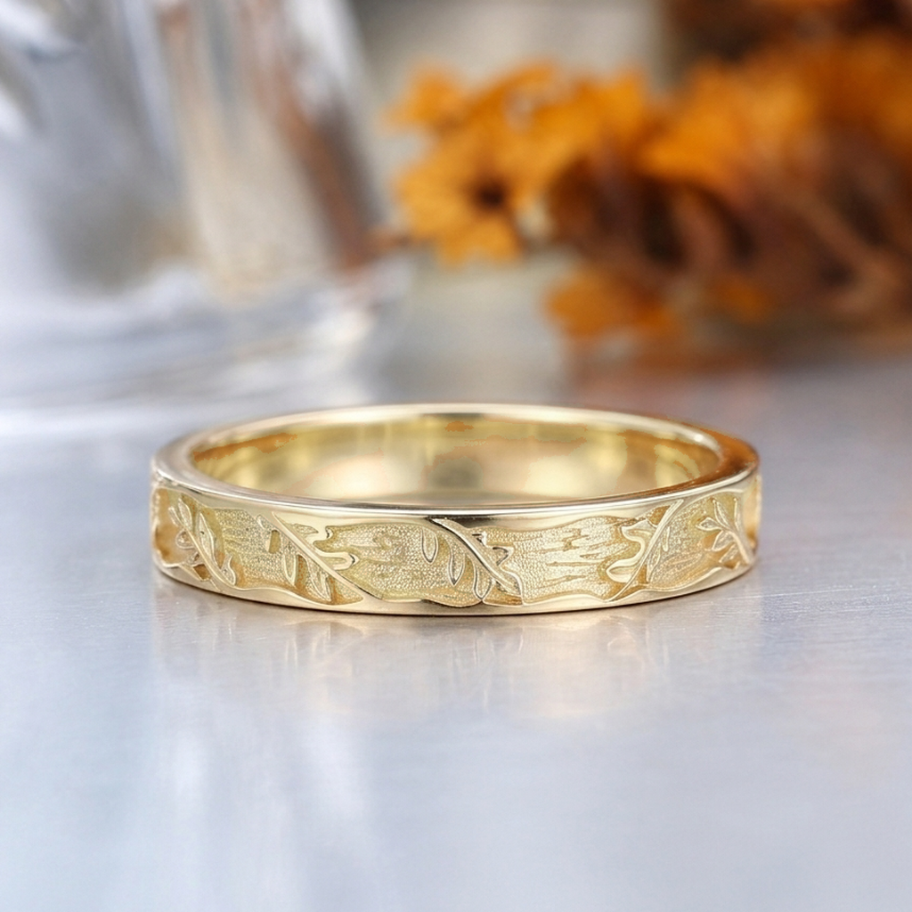 Fern Root Vine Engraved Wedding Band, 14K Gold