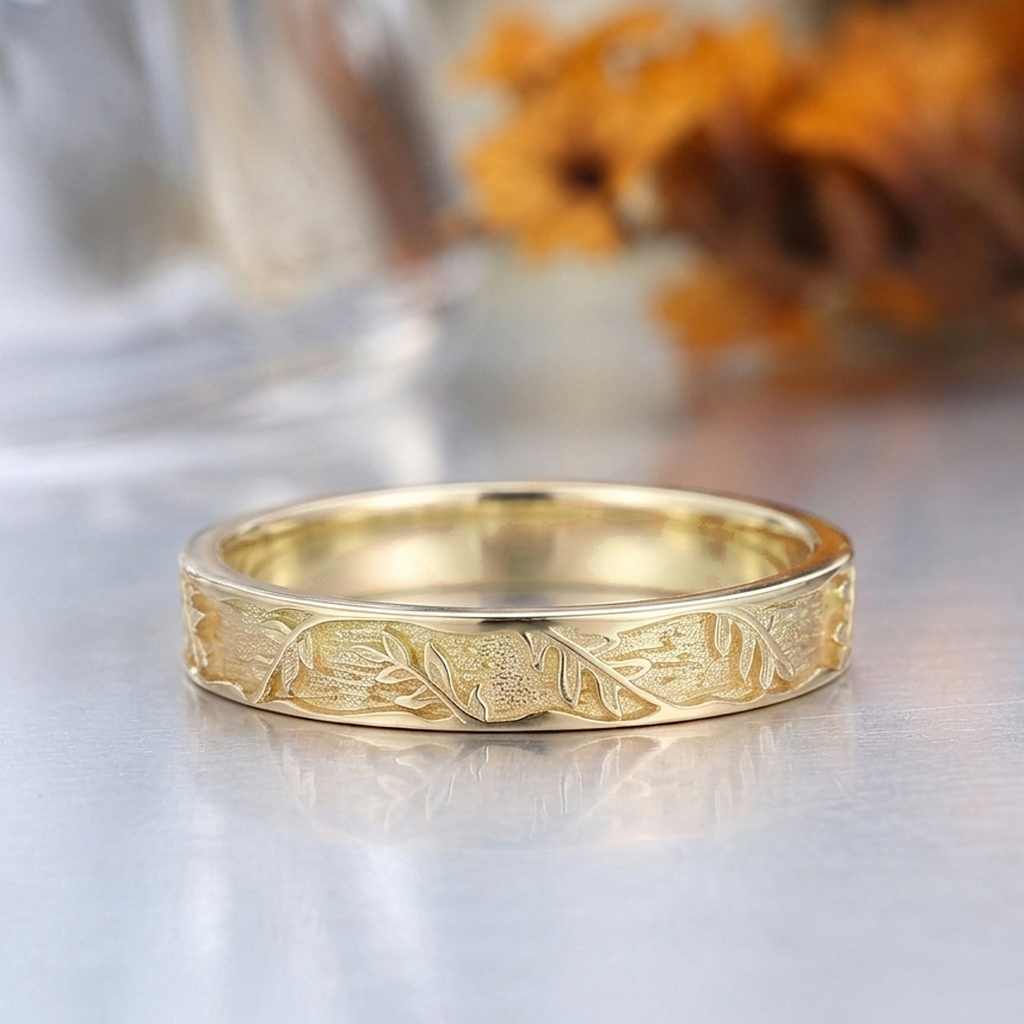 Fern Root Vine Engraved Wedding Band, 14K Gold