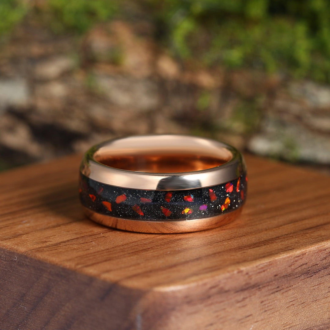 Fiery Red Opal And Red Blue Sandstone Wedding Ring 8mm Rose Gold Tungsten Polished Dome Ring Men’ s Unisex Ring - Esdomera