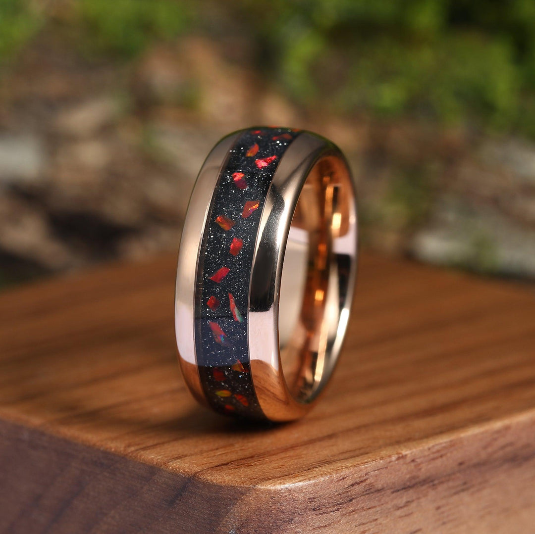 Fire Opal Rose Gold Crashed Sandstone Inlay Tungsten 8mm Mens Wedding Band unisex promise rings - Esdomera