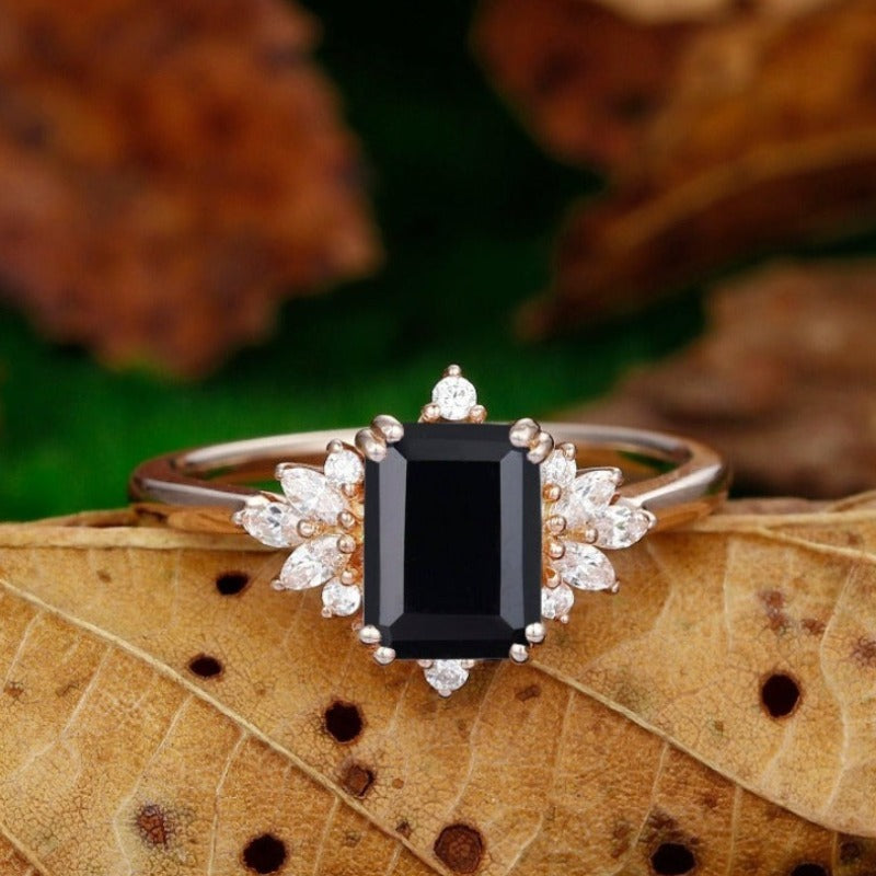 14k Gold Black Onyx Engagement Ring Set Vintage Emerald Gemstone Ring Set For store Women Art Deco Black Onyx 2 Piece Bridal Ring Set Gift For Her