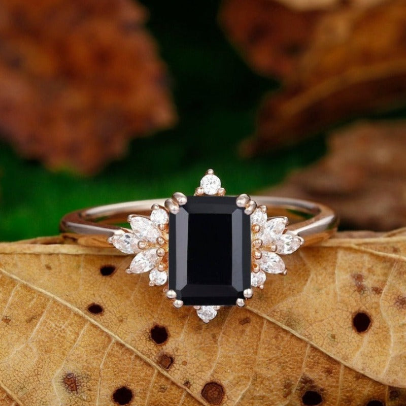 Floral Cluster 2CT Natural Black Onyx Art Deco Emerald Cut Black Gemstone Bridal Ring - Esdomera