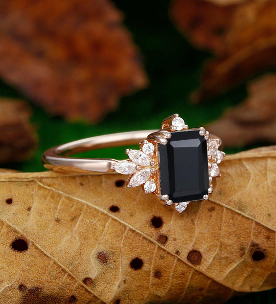 Floral Cluster 2CT Natural Black Onyx Art Deco Emerald Cut Black Gemstone Bridal Ring - Esdomera