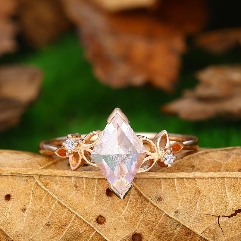 Floral Cluster Rhombus Shaped Moissanite Unique Rose Gold Wedding Ring - Esdomera