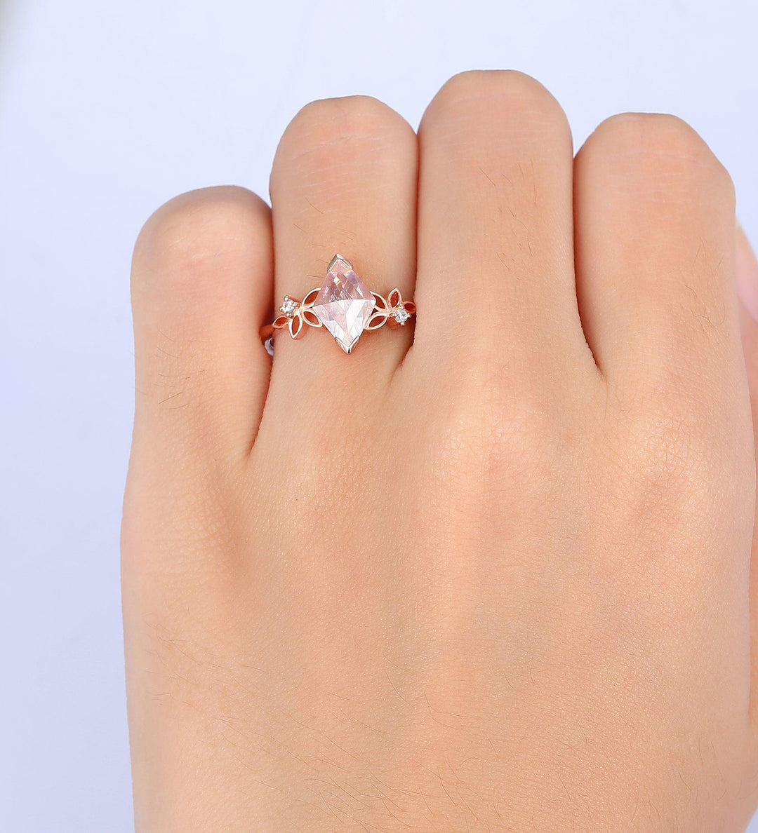 Floral Cluster Rhombus Shaped Moissanite Unique Rose Gold Wedding Ring - Esdomera