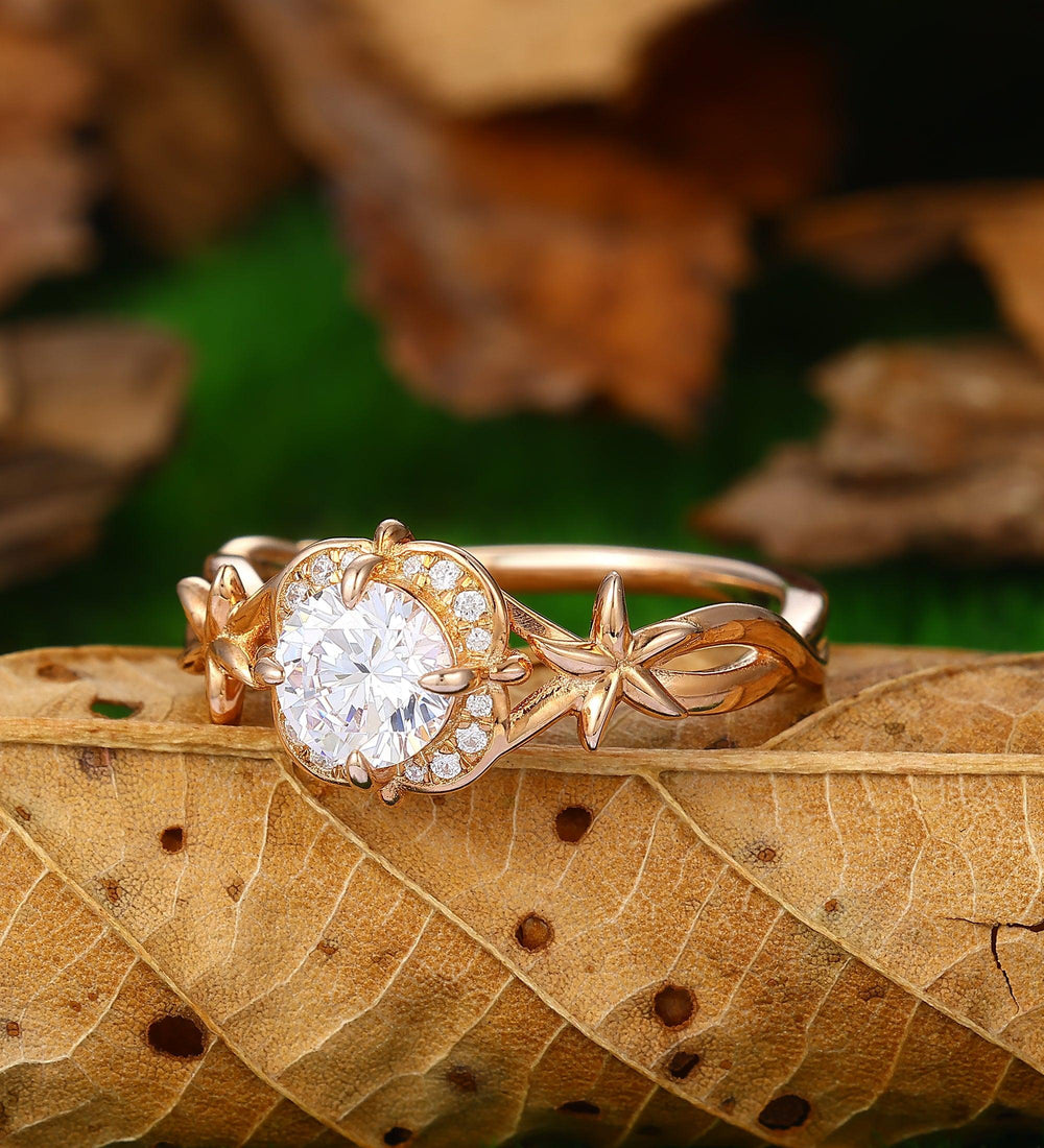 floral halo round cut 0.8CT moissanite starfish ring twisted moissanite bridal wedding ring - Esdomera