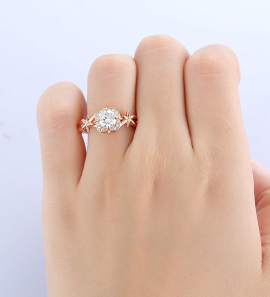 floral halo round cut 0.8CT moissanite starfish ring twisted moissanite bridal wedding ring - Esdomera