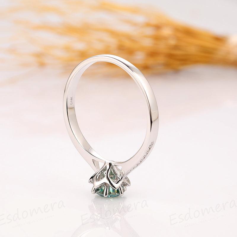 Flower Accents Blue Mossanite Round Cut 1CT 14k White Gold Wedding Ring - Esdomera