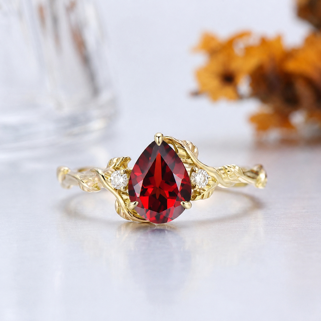 1.5CT Pear Cut Red Garnet Fern Vine Engagement Ring, 14K Gold