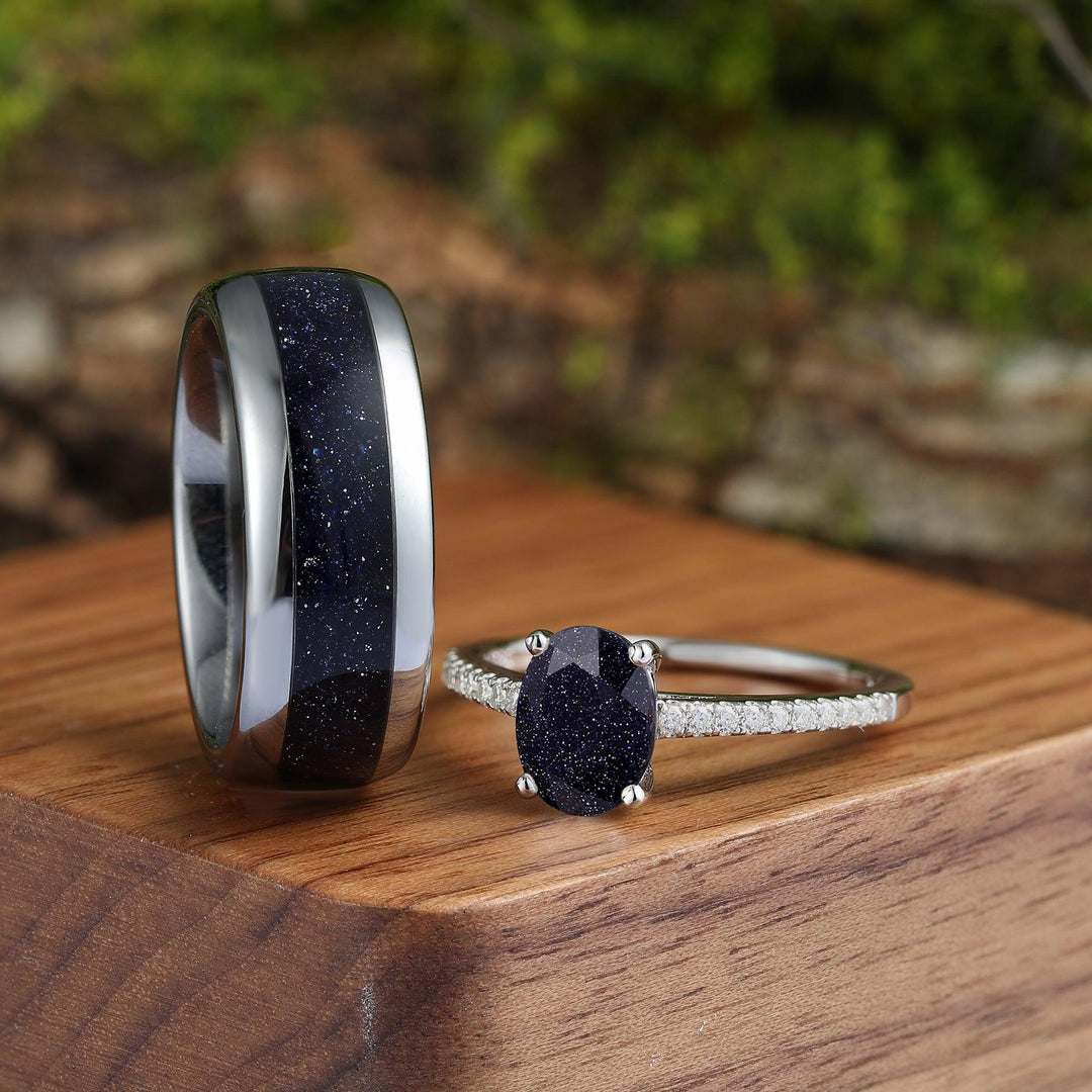 Galaxy Blue Sandstone His and Hers Couples Ring Set Great Rift Nebula Wedding Band Oval Cut 925 Sliver - Esdomera