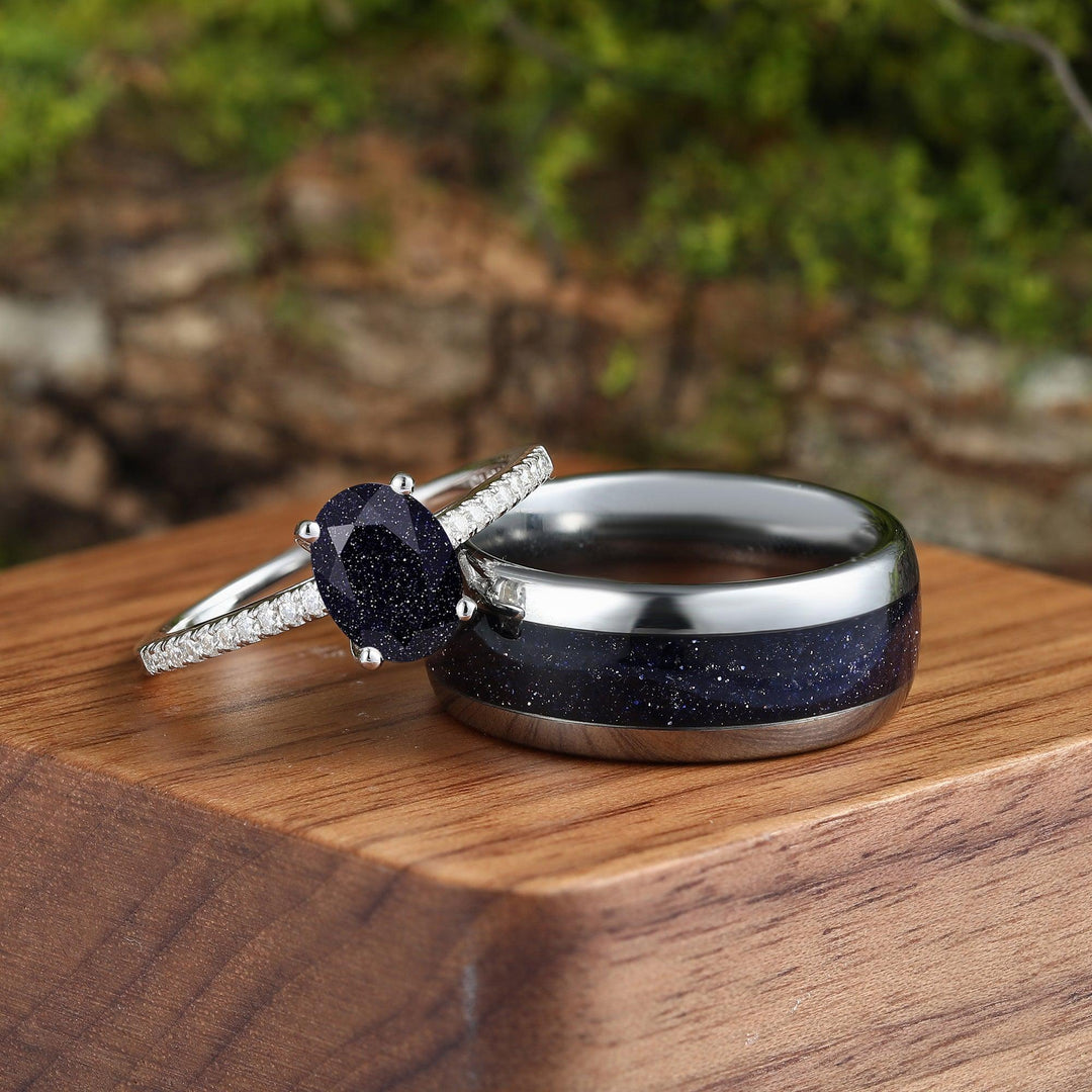Galaxy Blue Sandstone His and Hers Couples Ring Set Great Rift Nebula Wedding Band Oval Cut 925 Sliver - Esdomera