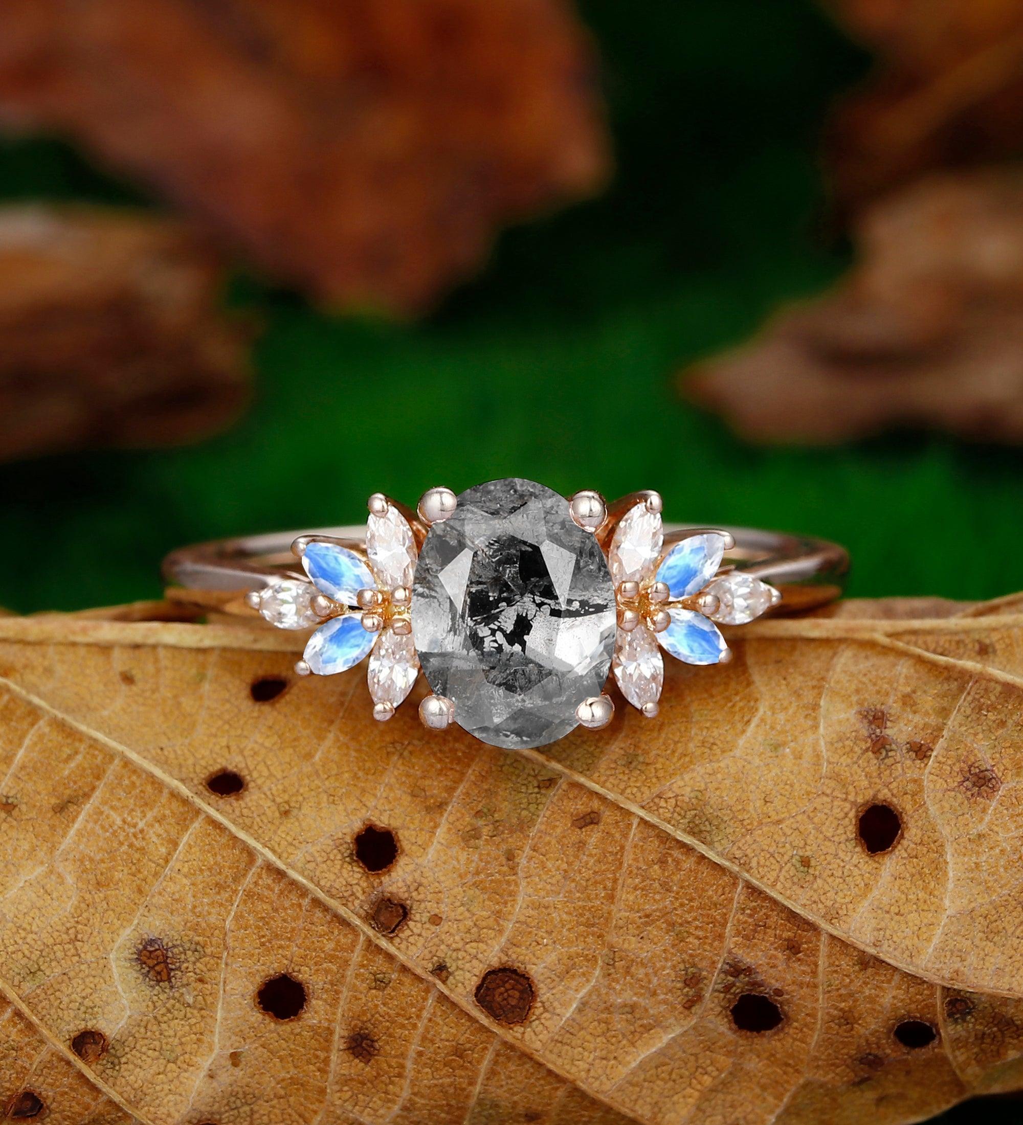 Galaxy Raw Salt and Pepper Diamond Oval Cut Herkimer Cluster Moonstone Moissanite Wedding Ring - Esdomera