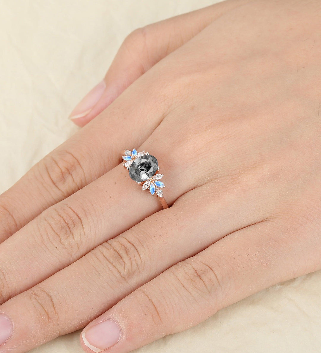 Galaxy Raw Salt and Pepper Diamond Oval Cut Herkimer Cluster Moonstone Moissanite Wedding Ring - Esdomera