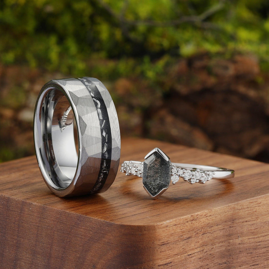 Galaxy Sat & Pepper and Meteorite Couples Ring Set His and Hers Black Diamond Wedding Band - Esdomera