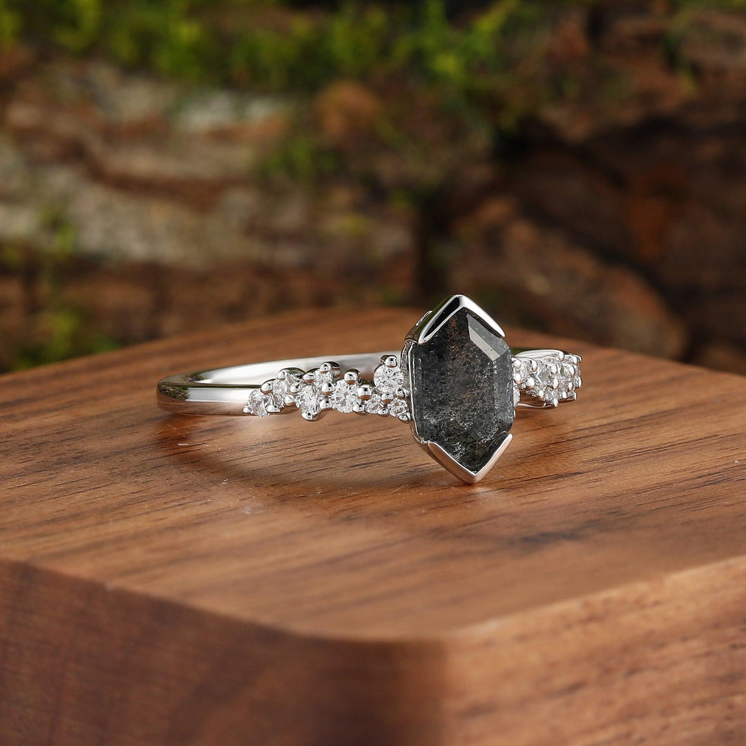 Galaxy Sat & Pepper and Meteorite Couples Ring Set His and Hers Black Diamond Wedding Band - Esdomera