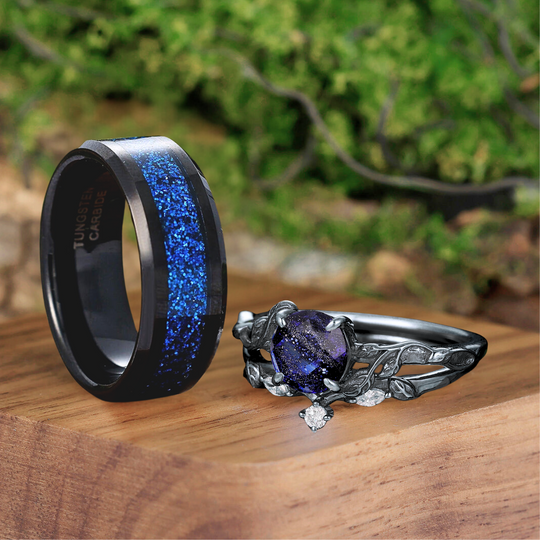 Glittering Blue Galaxy Sandstone Engagement Couple Rings Promise Black Wedding Ring For Men And Women - Esdomera