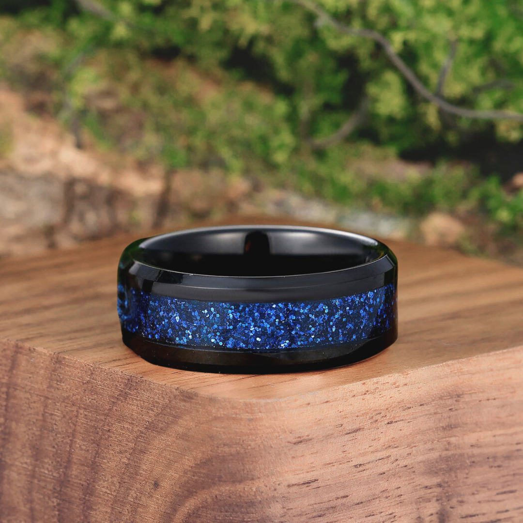 Glittering Blue Galaxy Sandstone Engagement Couple Rings Promise Black Wedding Ring For Men And Women - Esdomera