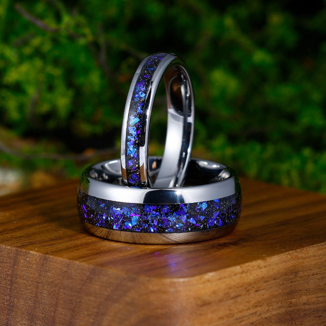 Great Rift Nebula Blue Sapphire Tungsten 8 & 4 mm His and Hers Tungsten Wedding Band Unsex Couple Ring Set - Esdomera