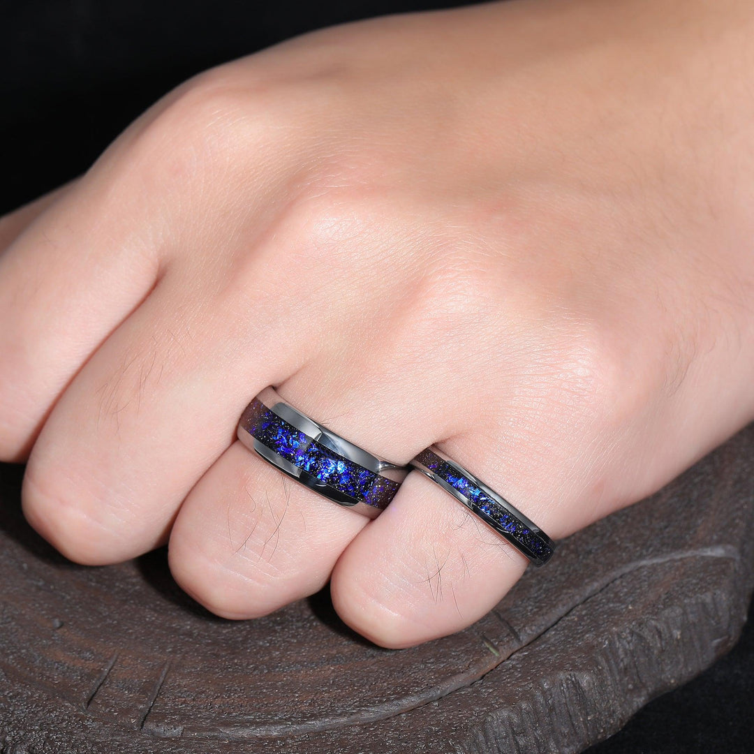 Great Rift Nebula Blue Sapphire Tungsten 8 & 4 mm His and Hers Tungsten Wedding Band Unsex Couple Ring Set - Esdomera