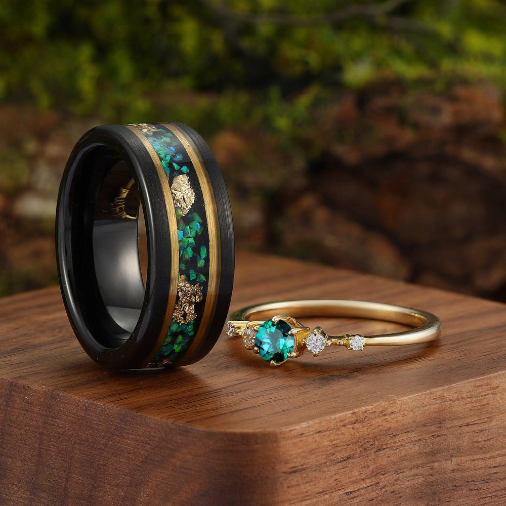 Green Fire Opal & Emerald Couples Ring Set His and Hers Wedding Band Unique Rose Gold Tungsten Matching Band - Esdomera