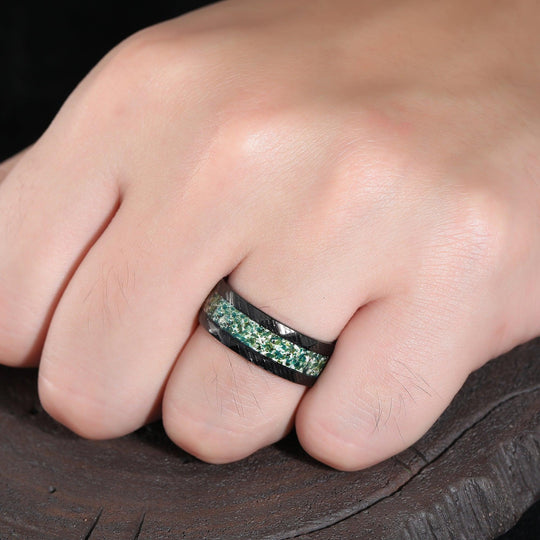 Green Moss Agate Black Hammered Damascus steel Wedding Band 8mm Gift for Him - Esdomera