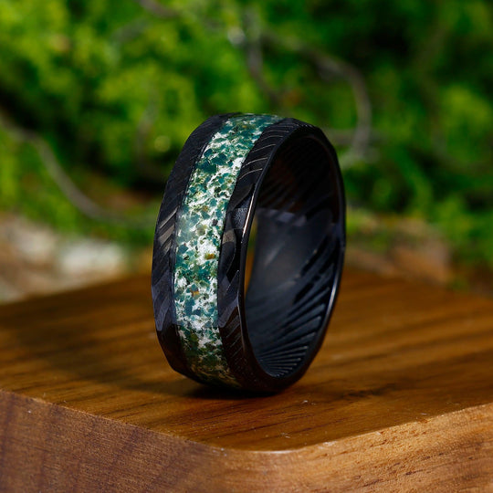 Green Moss Agate Black Hammered Tungsten Wedding Band 8mm Gift for Him - Esdomera