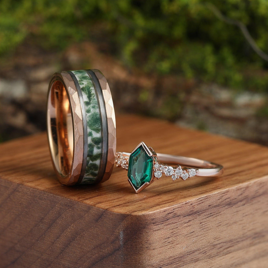 Green Moss Agate Emerald Couples Ring Set His Tungsten Rose Gold and Hers 925 Sliver Matching Ring - Esdomera