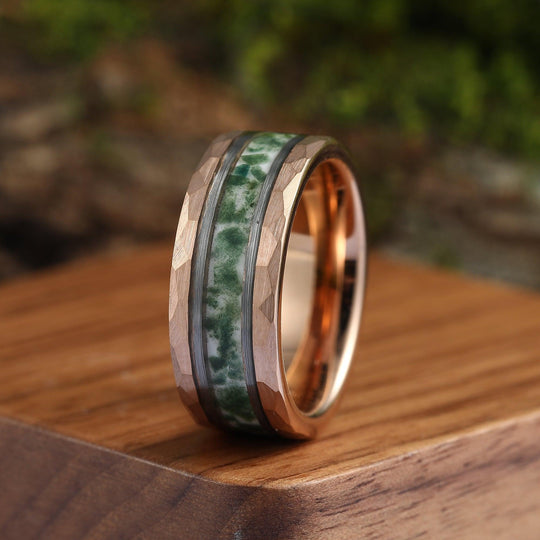 Green Moss Agate Emerald Couples Ring Set His Tungsten Rose Gold and Hers 925 Sliver Matching Ring - Esdomera