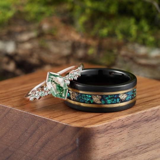 Green Moss Agate Gold Leaf Opal Black Ring Set His and Hers Wedding Band Tungsten and Rose Gold Copules Ring Set - Esdomera