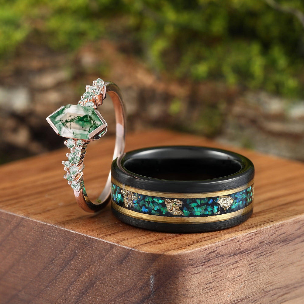 Green Moss Agate Gold Leaf Opal Black Ring Set His and Hers Wedding Band Tungsten and Rose Gold Copules Ring Set - Esdomera