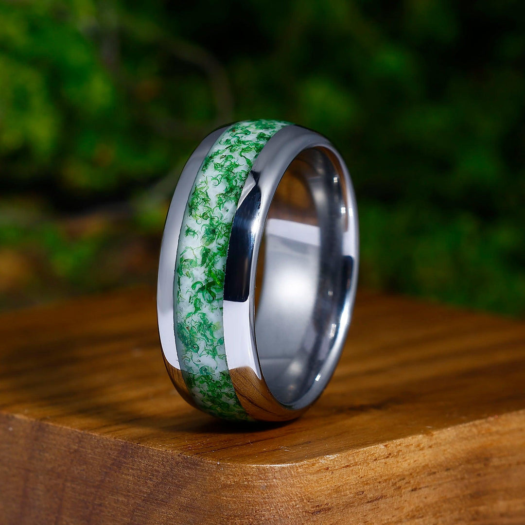 Green Moss Agate Inlaid Tungsten Ring 8mm Men's Engagement Ring Promise Ring - Esdomera