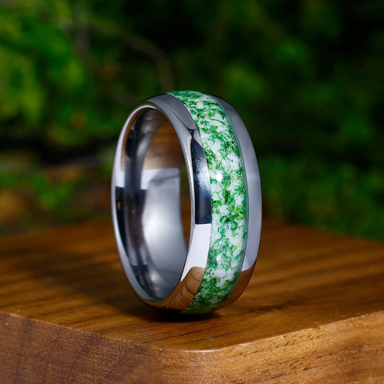 Green Moss Agate Inlaid Tungsten Ring 8mm Men's Engagement Ring Promise Ring - Esdomera