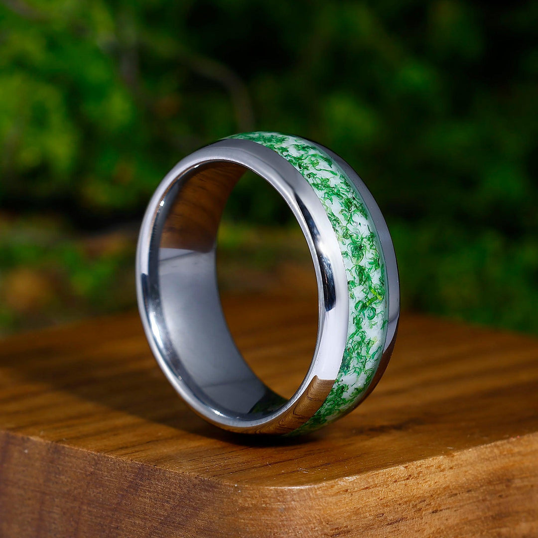 Green Moss Agate Inlaid Tungsten Ring 8mm Men's Engagement Ring Promise Ring - Esdomera