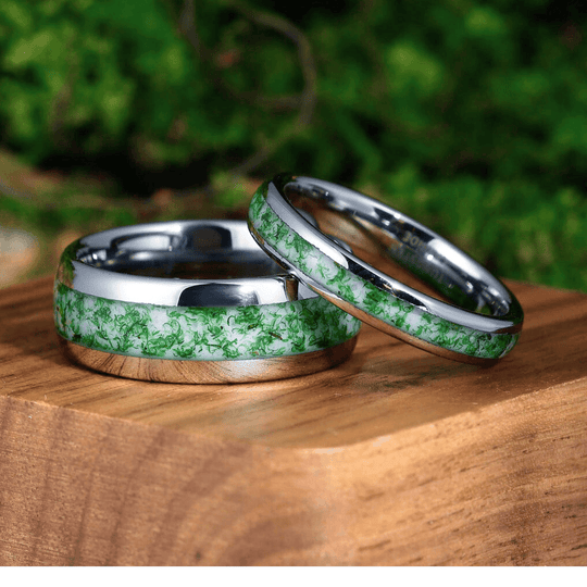 Green Moss Agate Ring Set For Couples- His and Hers Wedding Band 8 & 4mm Tungsten Wedding Band Unisex Promise Ring - Esdomera