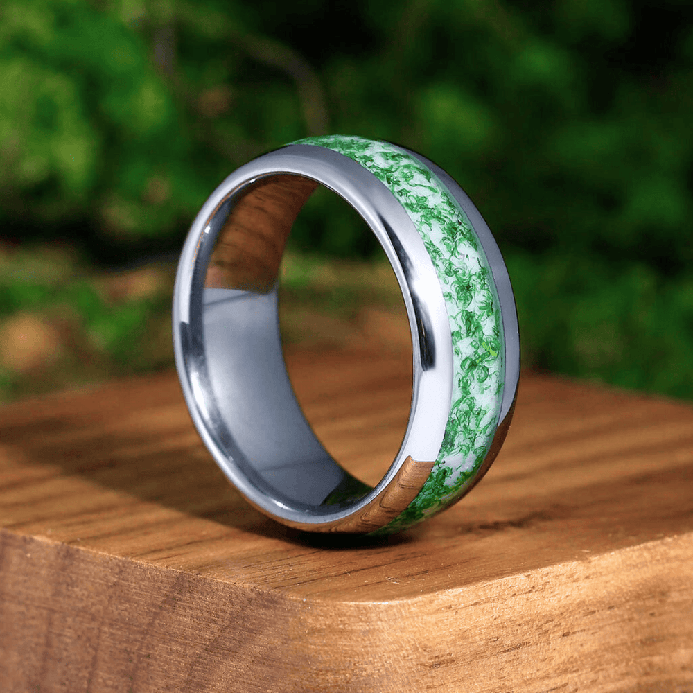 Green Moss Agate Ring Set For Couples- His and Hers Wedding Band 8 & 4mm Tungsten Wedding Band Unisex Promise Ring - Esdomera