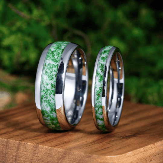 Green Moss Agate Ring Set For Couples- His and Hers Wedding Band 8 & 4mm Tungsten Wedding Band Unisex Promise Ring - Esdomera