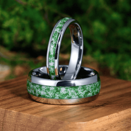 Green Moss Agate Ring Set For Couples- His and Hers Wedding Band 8 & 4mm Tungsten Wedding Band Unisex Promise Ring - Esdomera