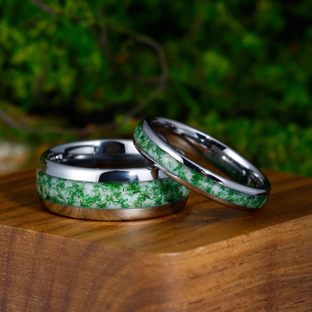 Green Moss Agate Ring Set For Couples- His and Hers Wedding Band 8 & 4mm Tungsten Wedding Band Unsex Promise Ring - Esdomera