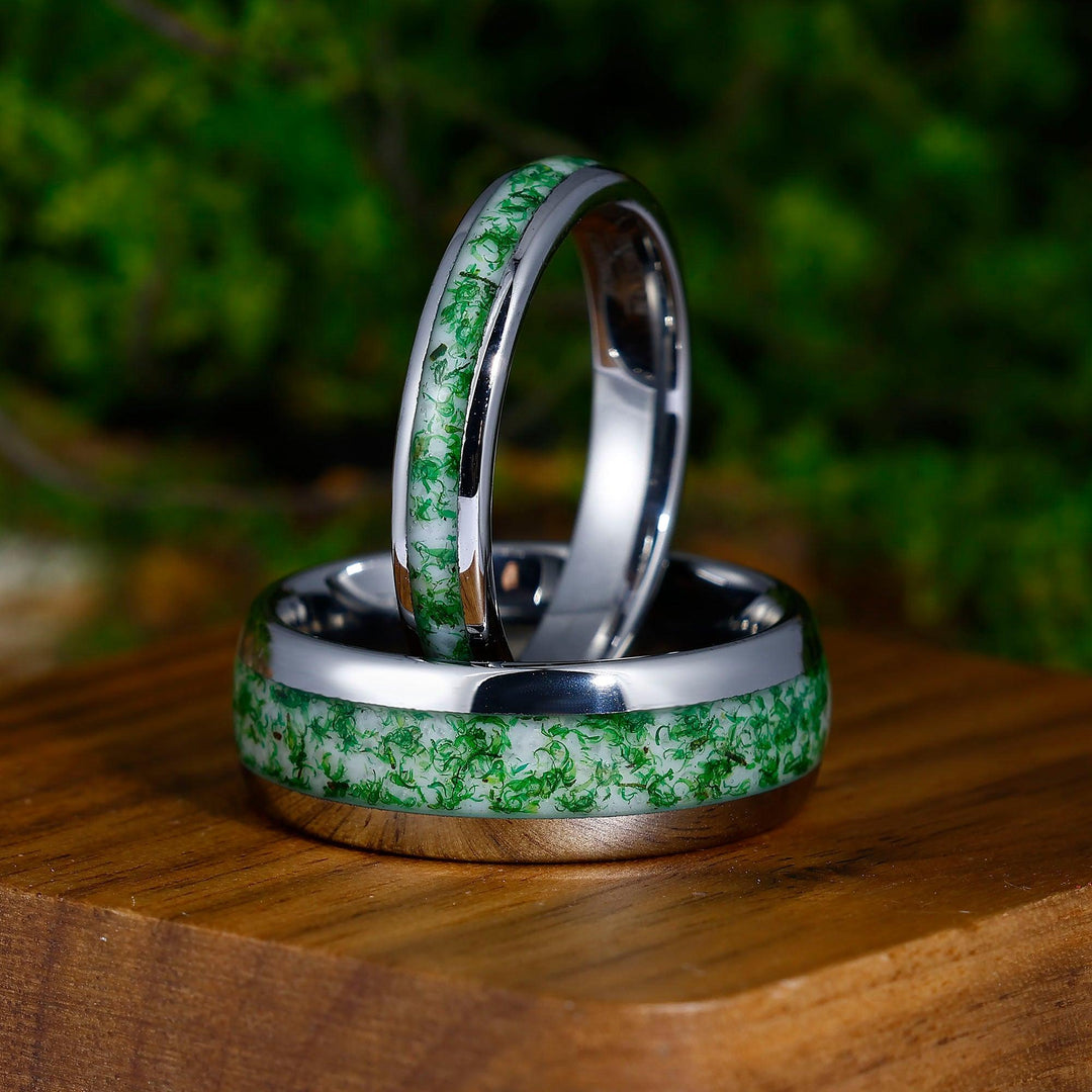 Green Moss Agate Ring Set For Couples- His and Hers Wedding Band 8 & 4mm Tungsten Wedding Band Unsex Promise Ring - Esdomera