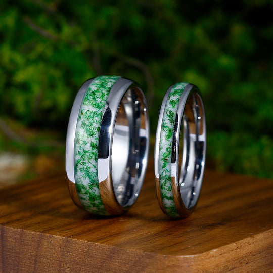 Green Moss Agate Ring Set For Couples- His and Hers Wedding Band 8 & 4mm Tungsten Wedding Band Unsex Promise Ring - Esdomera