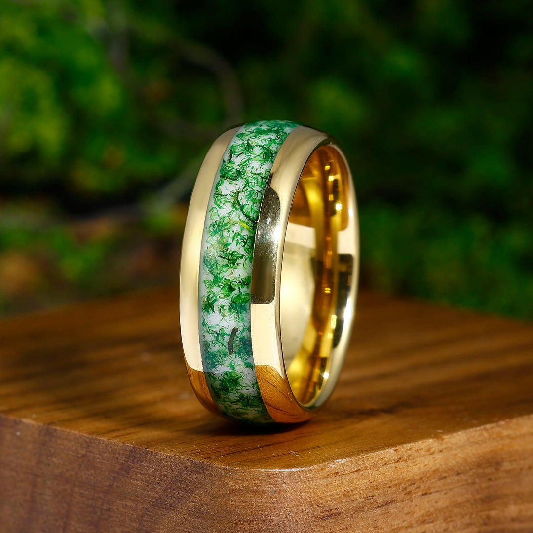 Green Moss Agate Wedding Ring Yellow Gold Tungsten Polished Dome Ring Anniversary Gift For Him - Esdomera