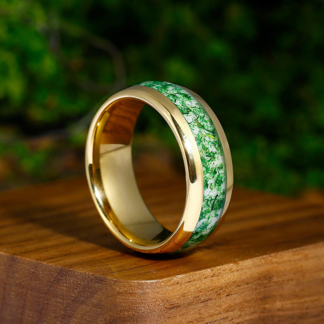 Green Moss Agate Wedding Ring Yellow Gold Tungsten Polished Dome Ring Anniversary Gift For Him - Esdomera