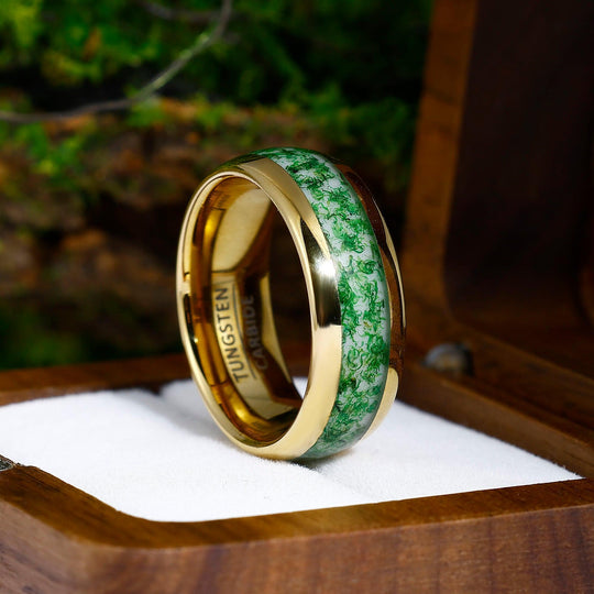 Green Moss Agate Wedding Ring Yellow Gold Tungsten Polished Dome Ring Anniversary Gift For Him - Esdomera