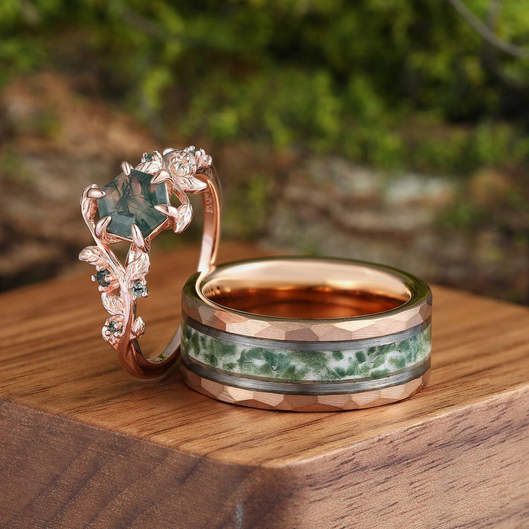 Green Natural Moss Agate Hexagon Couples Ring Set His and Her